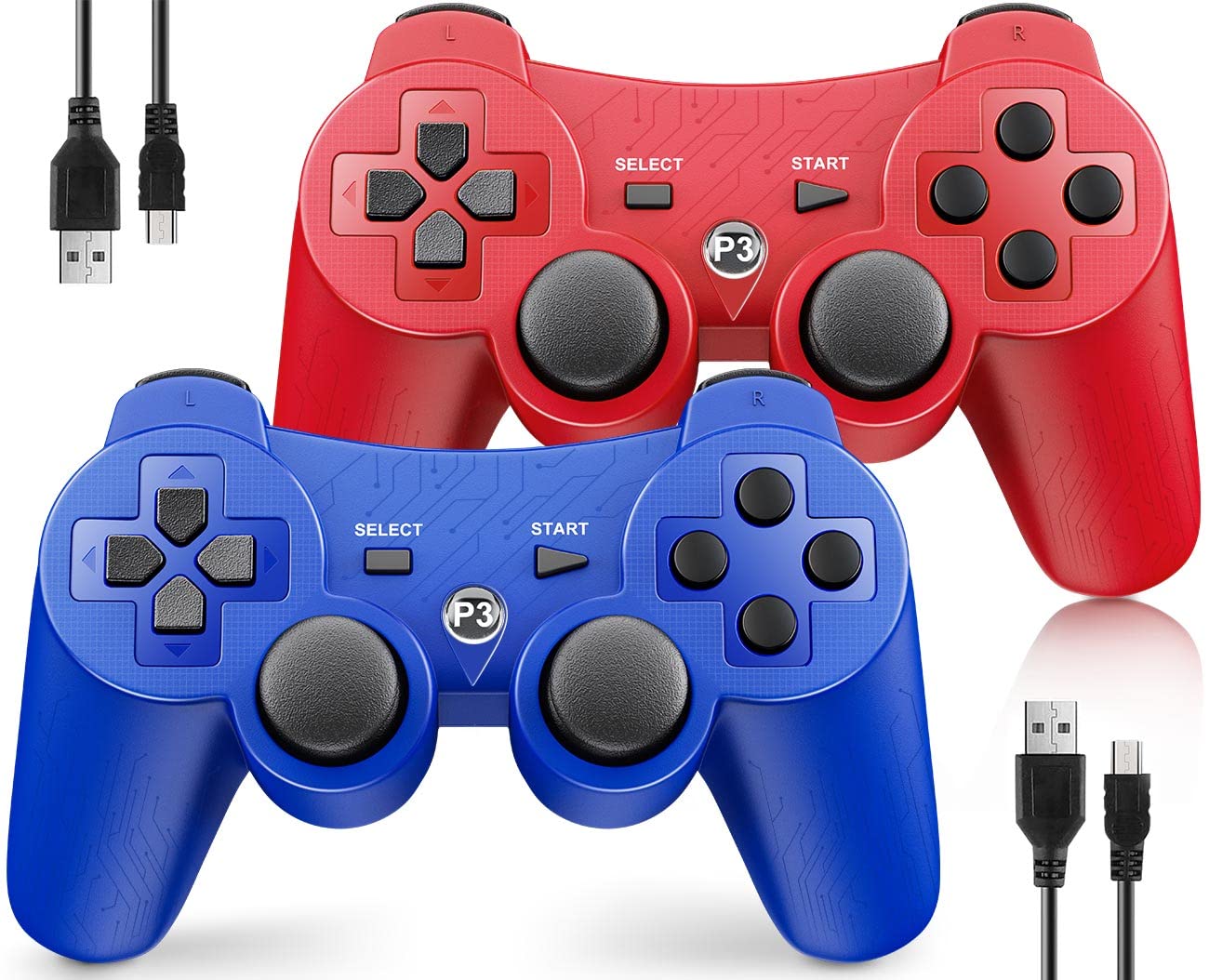 OKHAHA Controller 2 Pack for PS3 Wireless Controller for Sony Playstation 3  Double Shock 3  Bluetooth  Rechargeable  Motion Sensor  Remote for PS3 (With Stripes(Blue + Red))