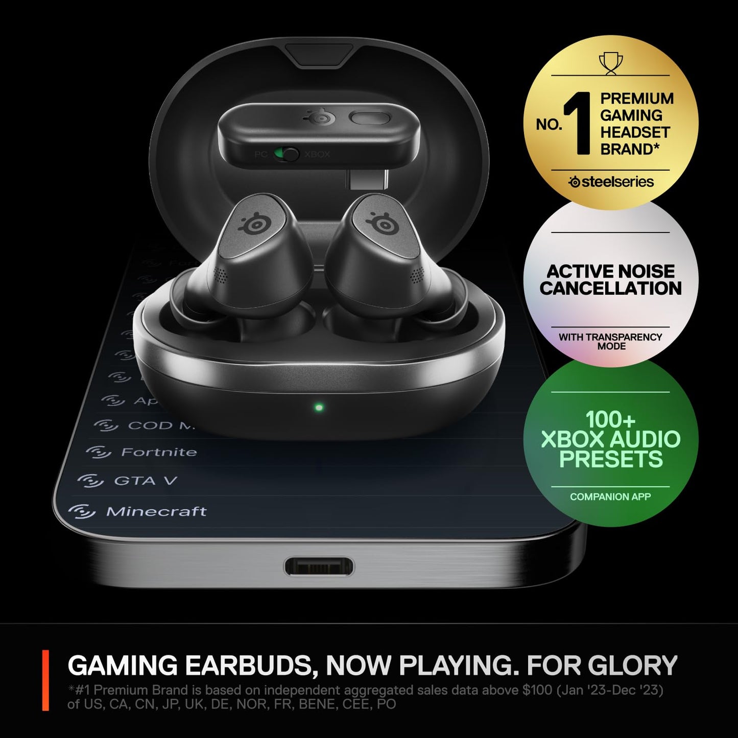 SteelSeries Arctis GameBuds - 2.4GHz+Bluetooth 5.3, ANC, IP55, 40H Battery, Qi Charging Case, One Size, Black, Model