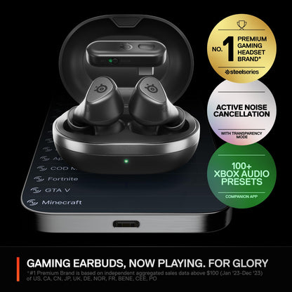 SteelSeries Arctis GameBuds - 2.4GHz+Bluetooth 5.3, ANC, IP55, 40H Battery, Qi Charging Case, One Size, Black, Model