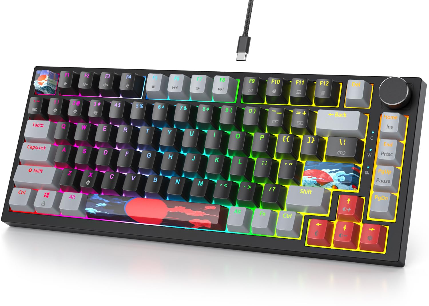 Fogruaden 75% Wired Mechanical Gaming Keyboard - 75 Percent TKL Hot Swappable Gasket Mount  Red Switch  RGB Backlit 82 Keys  NKRO Compact with Knob (Dark)