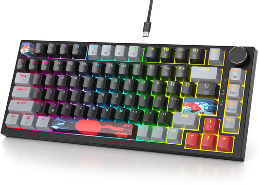Fogruaden 75% Wired Mechanical Gaming Keyboard - 75 Percent TKL Hot Swappable Gasket Mount  Red Switch  RGB Backlit 82 Keys  NKRO Compact with Knob (Dark)