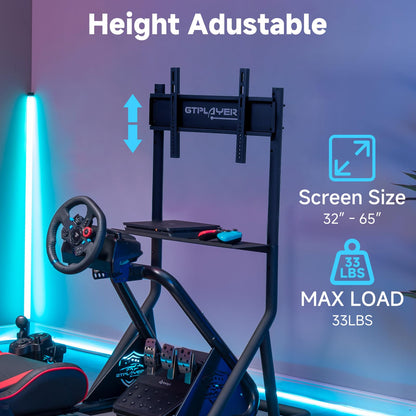 GTPLAYER Adjustable Mobile TV Stand for 32-65 Inch Displays, Black, Model GTS091, Ideal for Racing Wheel and Simulator Cockpits