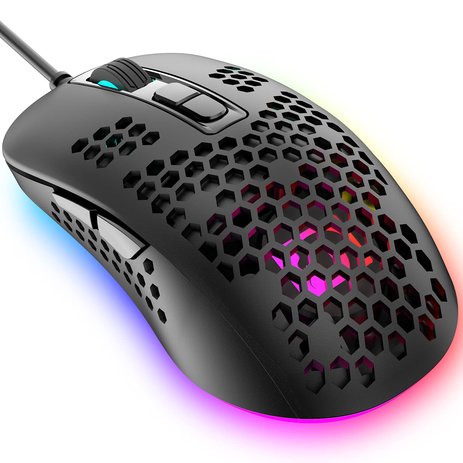 KUIYN 383 Ultralight Wired Gaming Mouse - 4 RGB Backlights, 2400 DPI, Honeycomb Shell, Black