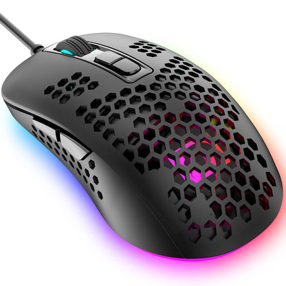 KUIYN 383 Ultralight Wired Gaming Mouse - 4 RGB Backlights, 2400 DPI, Honeycomb Shell, Black