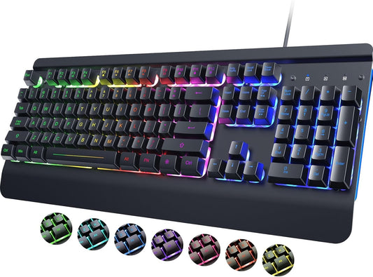 RisoPhy PC419 RGB Gaming Keyboard  7 Single Color Backlits  104 Keys Metal Panel  Silent Keys  Wrist Rest  Full Size Waterproof Light Up for PC Laptop Mac Gamer