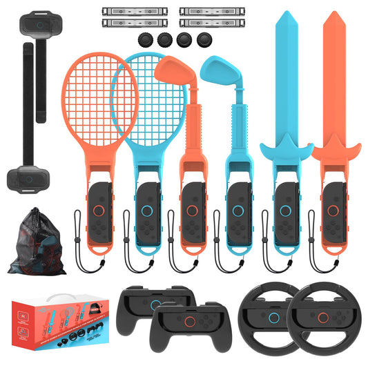 Switch 2/1 Sports Accessories KEPLUG 20 in 1 Sports Bundle for Nintendo Switch 2/1 with 2 Joycon Grips 2 Steering wheels Durable Family Accessories Kit 2 Tennis Rackets Golf Clubs 2 Swords 2 Leg Strap