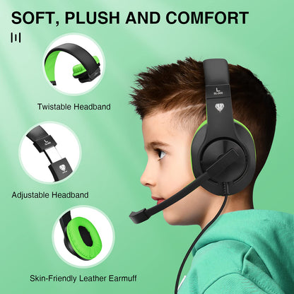 BlueFire Over-Ear Kids Headphones with Microphone, Volume Control, 3.5mm Jack, Green, Model CW63BF for Gaming and Online School