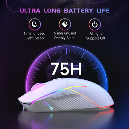 FFJ Wireless Gaming Mouse - 24000 DPI, Tri-Mode 2.4G/USB-C/Bluetooth, RGB, 75Hrs Battery Life, Rechargeable, White, Model Master