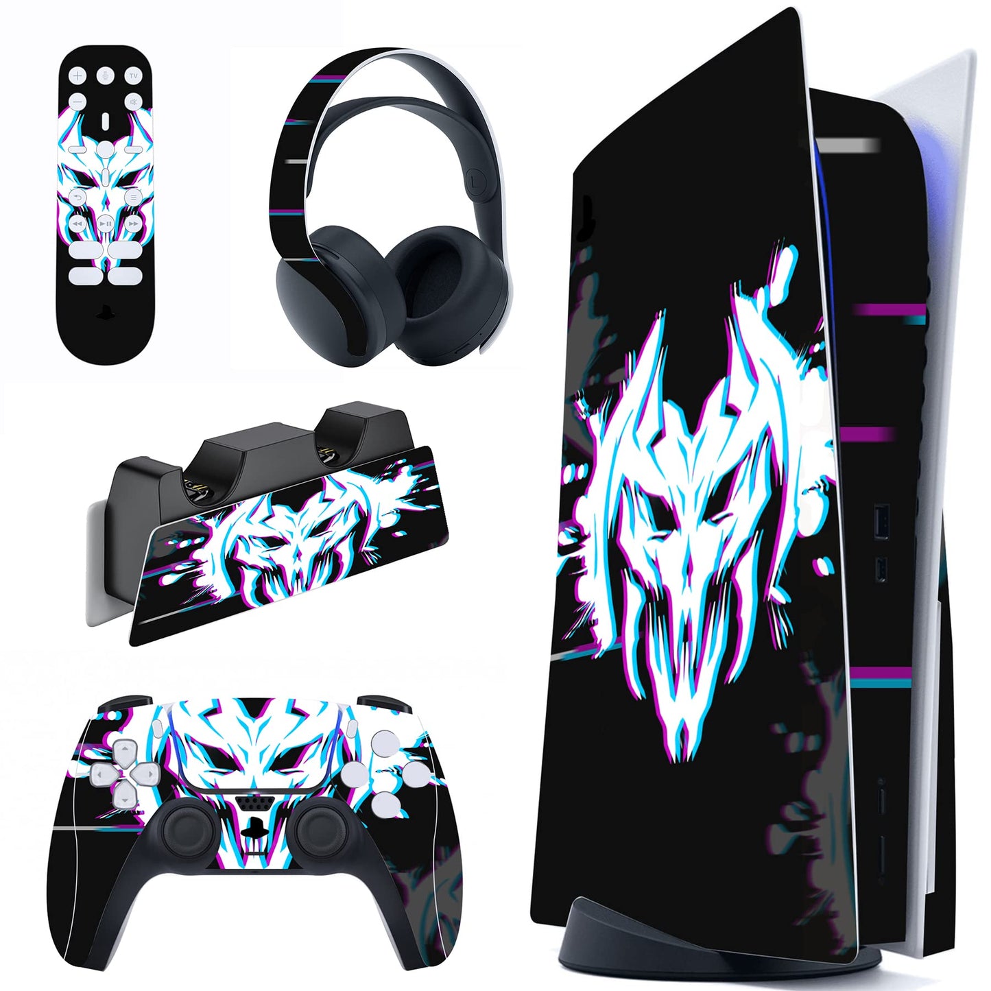 PlayVital Glitch Demons Full Set Skin Decal for ps5 Console Disc Edition  Sticker Vinyl Decal Cover for ps5 Controller & Charging Station & Headset & Media Remote