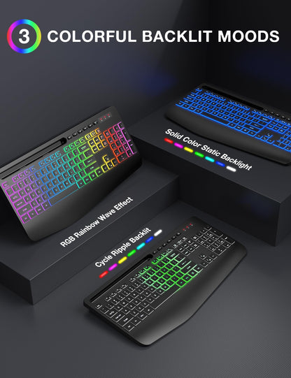 SABLUTE Wireless Keyboard KN213 PRO, Full-size, Pure Black, Ergonomic, Rechargeable, 9 Backlit Effects, Silent Keys for PC/Mac