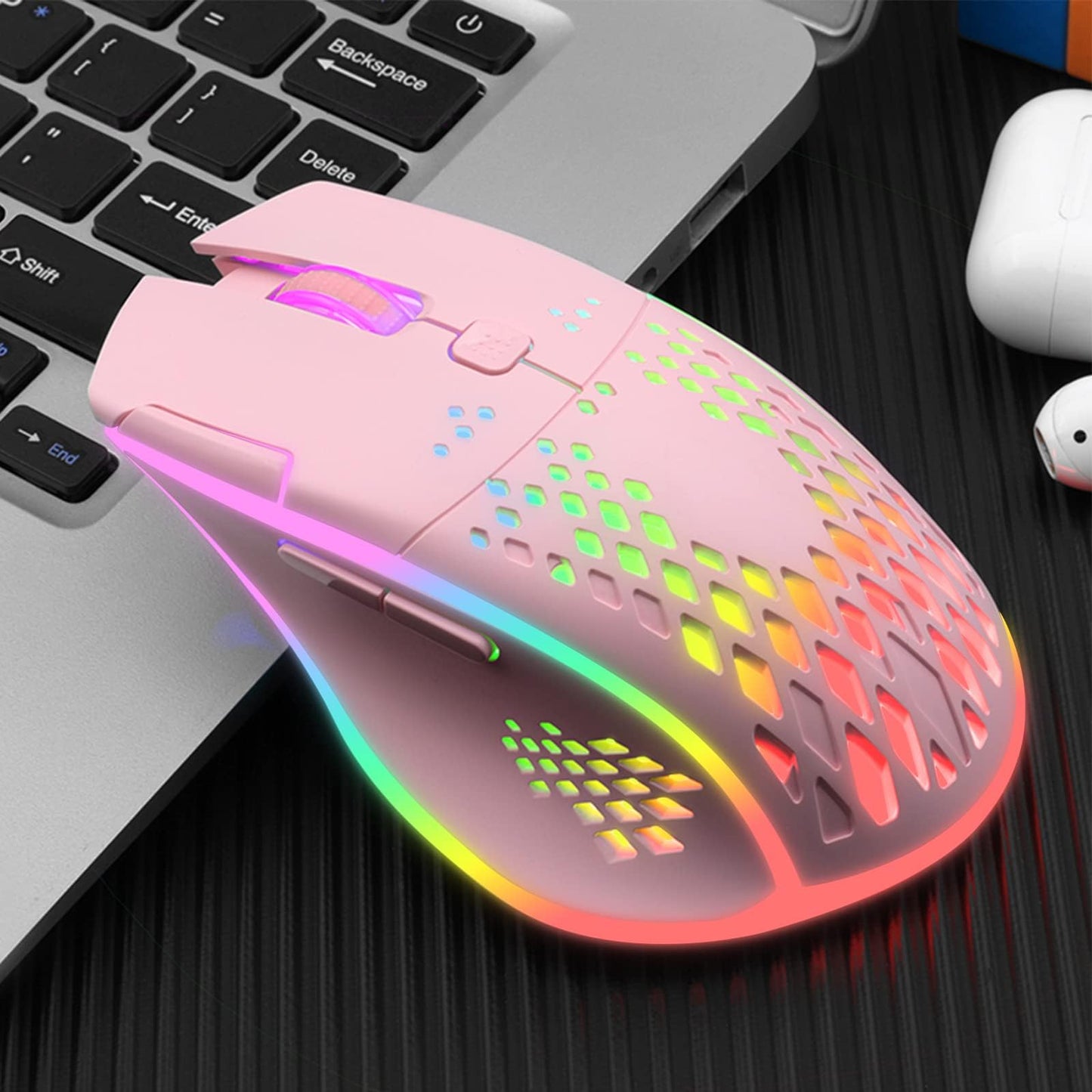 VEGCOO C30 Wireless Gaming Mouse - Silent Click, 3-Level DPI, Rechargeable, Colorful LED Lights, Pink