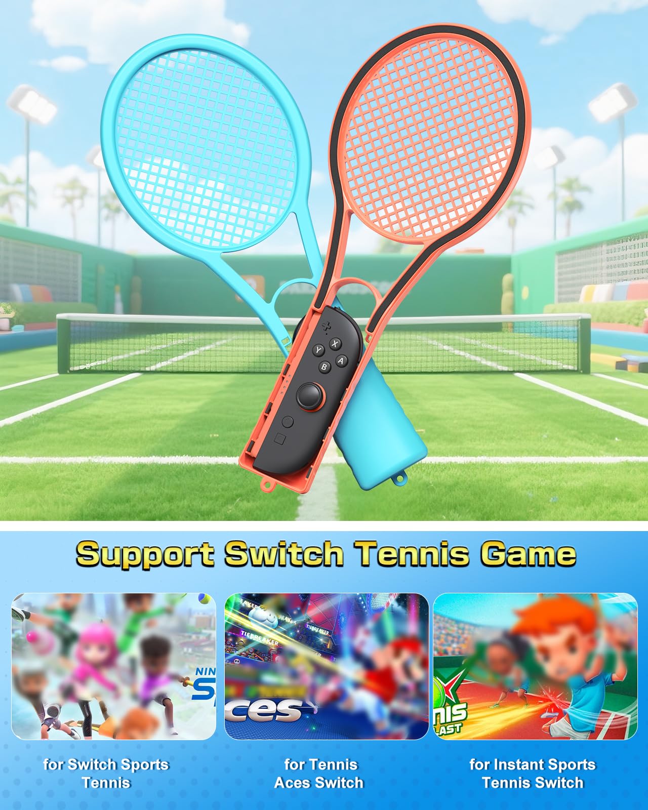 FYOUNG Tennis Racket for Nintendo Switch 2 Joy-Cons, Orange and Blue Hand Grips, Compatible with Switch 1/OLED, 2 Packs