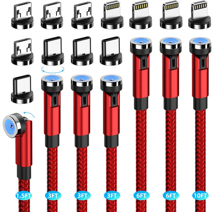 Ankndo Magnetic Charging Cable 7-Pack - 3 in 1 USB Nylon Braided, 1.6FT to 10FT, Red, Model CC56