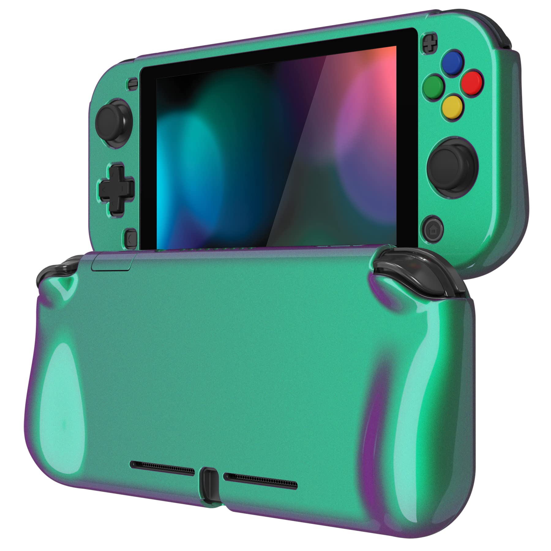 PlayVital ZealProtect Glossy Case for Nintendo Switch Lite - Ergonomic Hard Shell Cover with Screen Protector & Thumb Grip Caps, Chameleon Green Purple