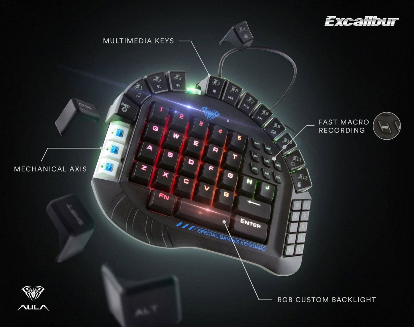 AULA Excalibur One-Handed Mechanical Gaming Keyboard, Blue Switches, RGB Backlit, 9.7 Inch, Model 109R