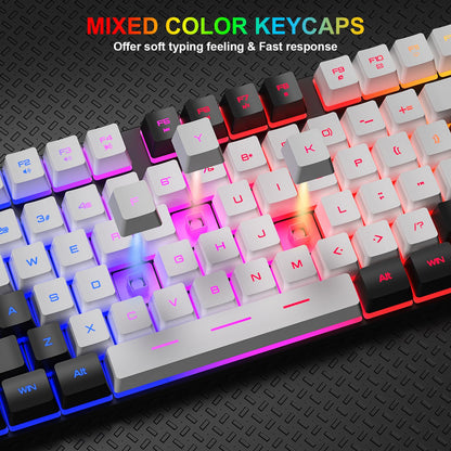 BlueFinger RGB Gaming Keyboard & Backlit Mouse Combo, USB Wired, Black & White