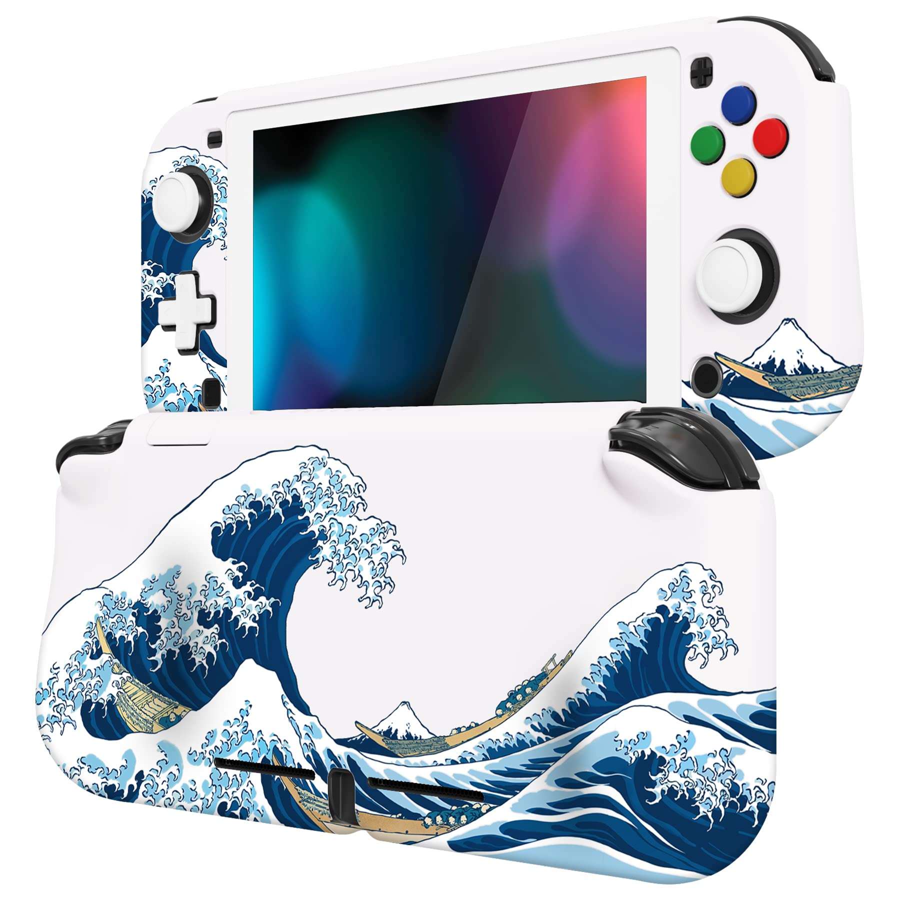 PlayVital ZealProtect Case for Nintendo Switch Lite - Hard Shell, Ergonomic Grip, Screen Protector, Thumb Grips, The Great Wave Off Kanagawa