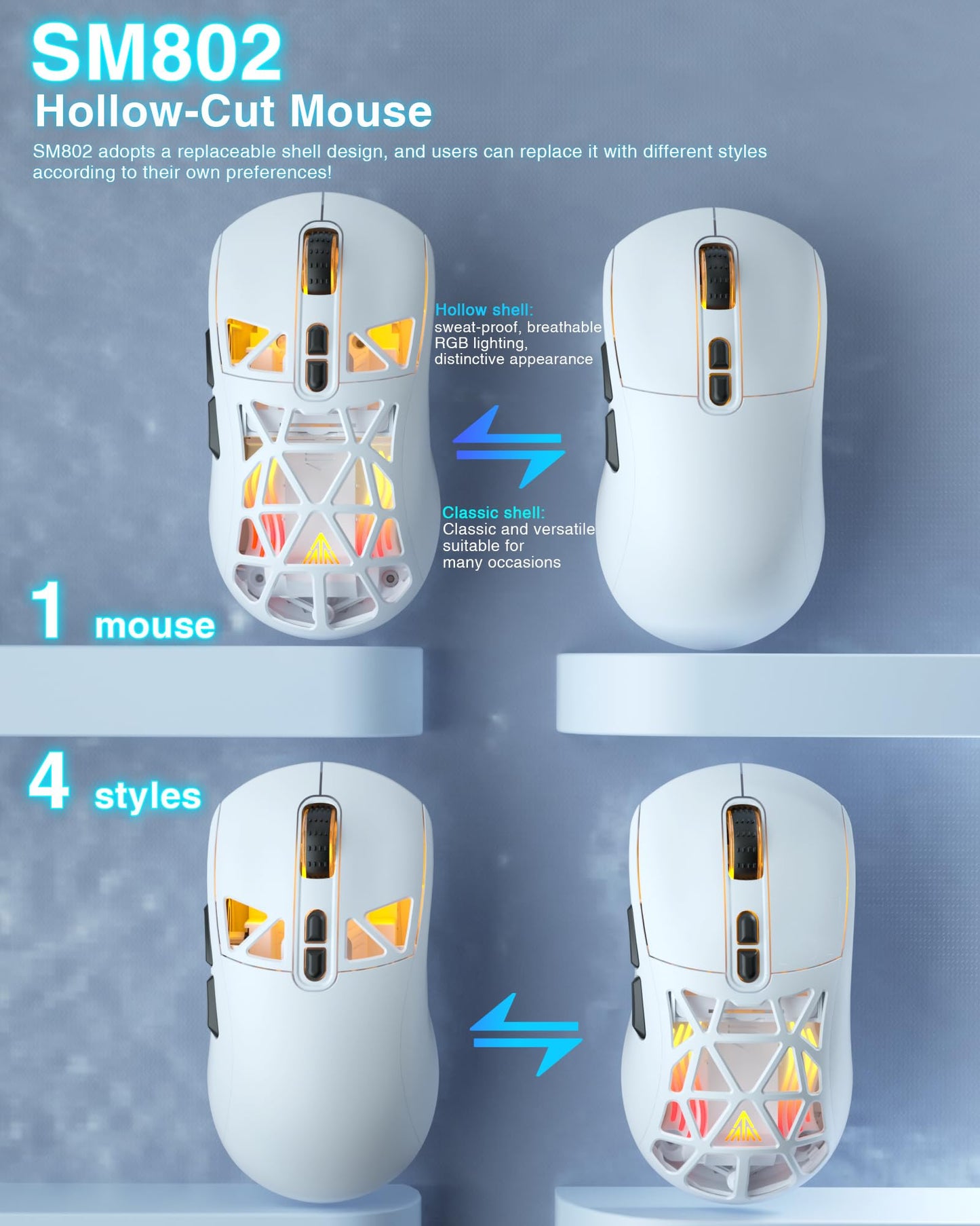 SOLAKAKA SM802 White Wireless Gaming Mouse, 10000 DPI, Tri-Mode, RGB, Programmable Macro, Side Button, for Laptop
