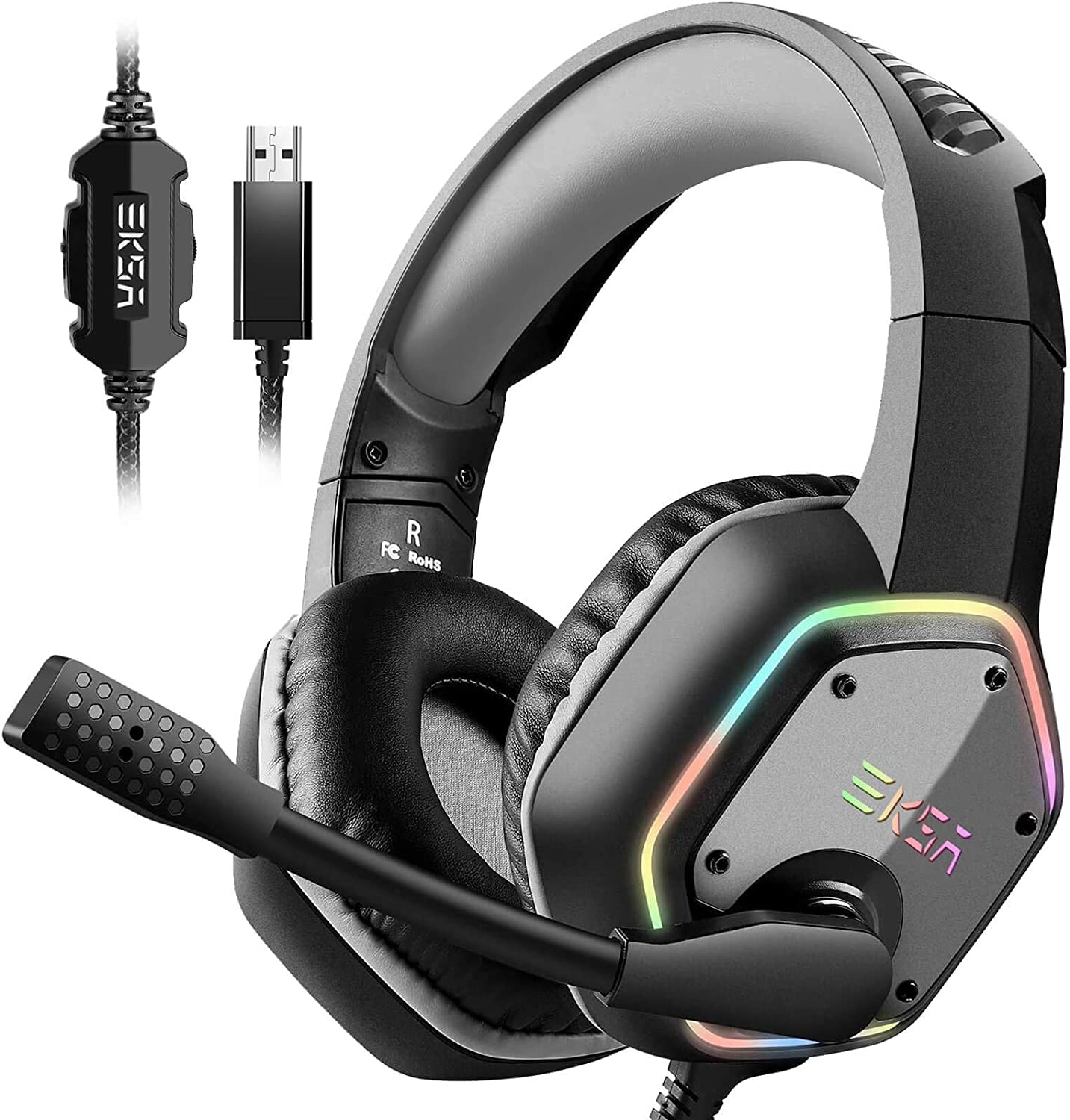EKSA E1000 USB Gaming Headset - 7.1 Surround Sound, Noise Cancelling Mic, RGB Light, Grey, Wired for PC, PS4, PS5, Laptop