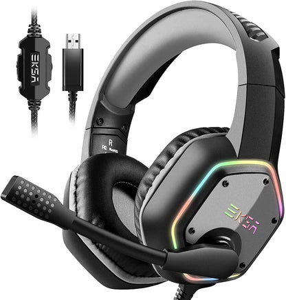 EKSA E1000 USB Gaming Headset - 7.1 Surround Sound, Noise Cancelling Mic, RGB Light, Grey, Wired for PC, PS4, PS5, Laptop