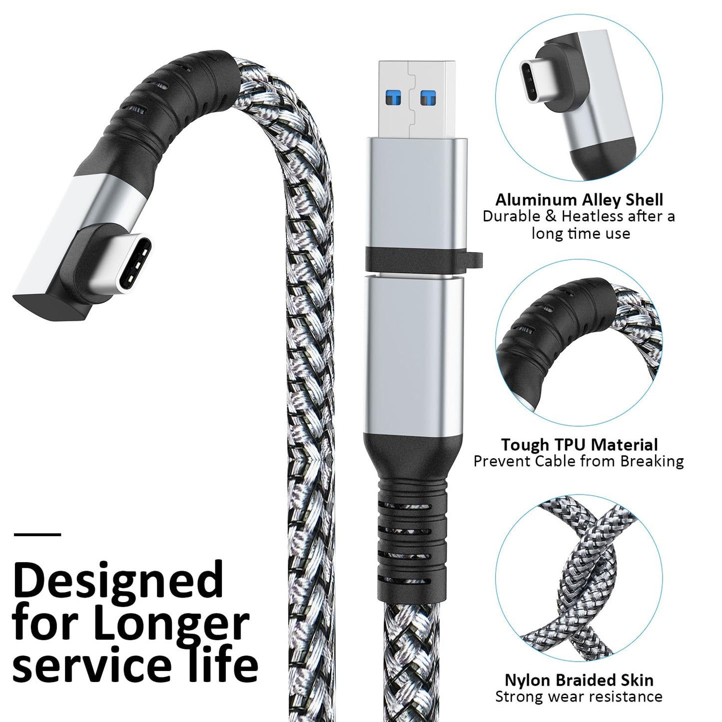 VZNEK 16FT Link Cable - Nylon Braided VR Cable for Meta Oculus Quest 2/3, USB 3.0 Type C, Compatible with Gaming PC Steam VR