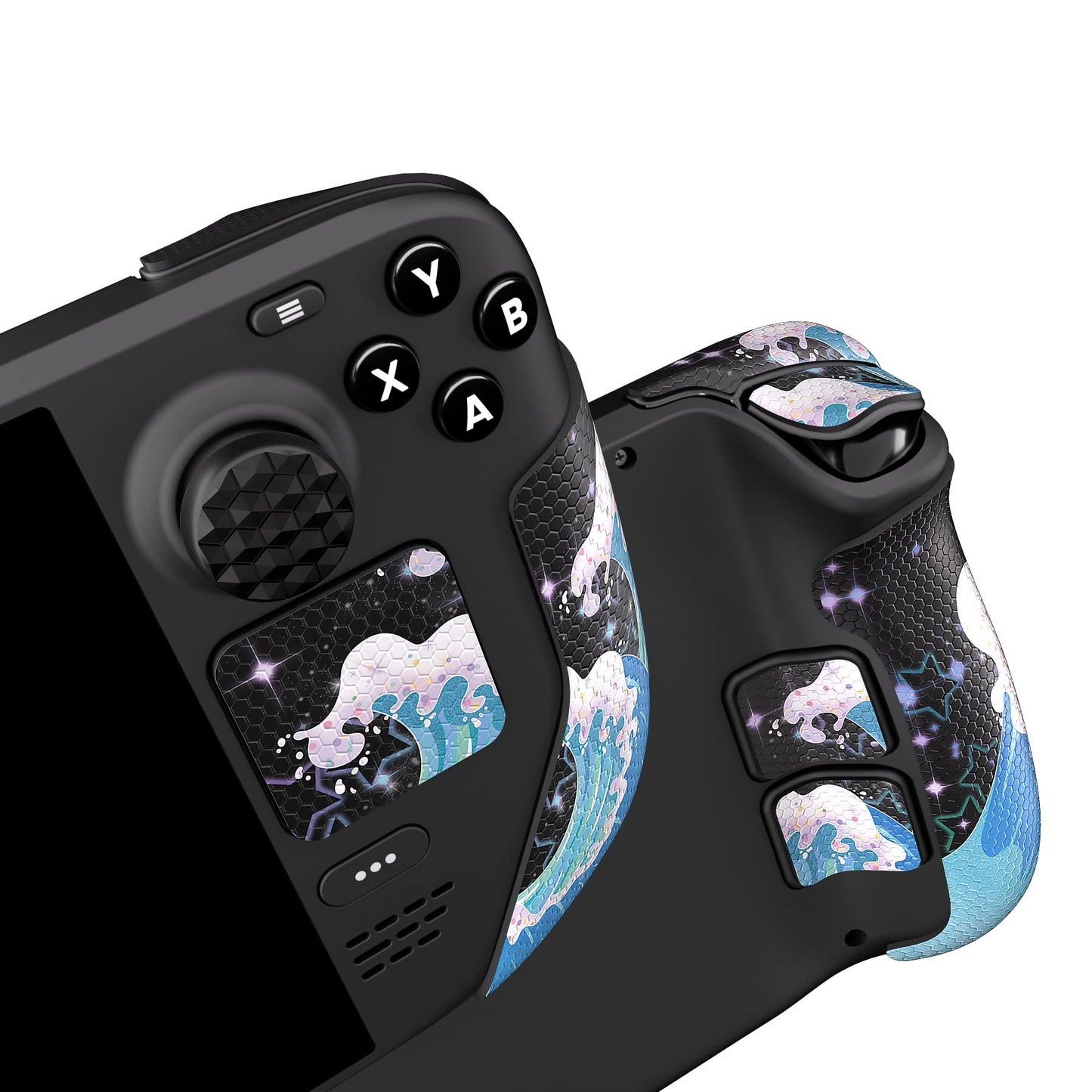 PlayVital Professional Textured Soft Rubber Pads Handle Grips for Steam Deck LCD & OLED  Trackpads Skin Grip Enhancement Back Button Protective Stickers Set with Thumb Grip Caps - Shimmering Waves
