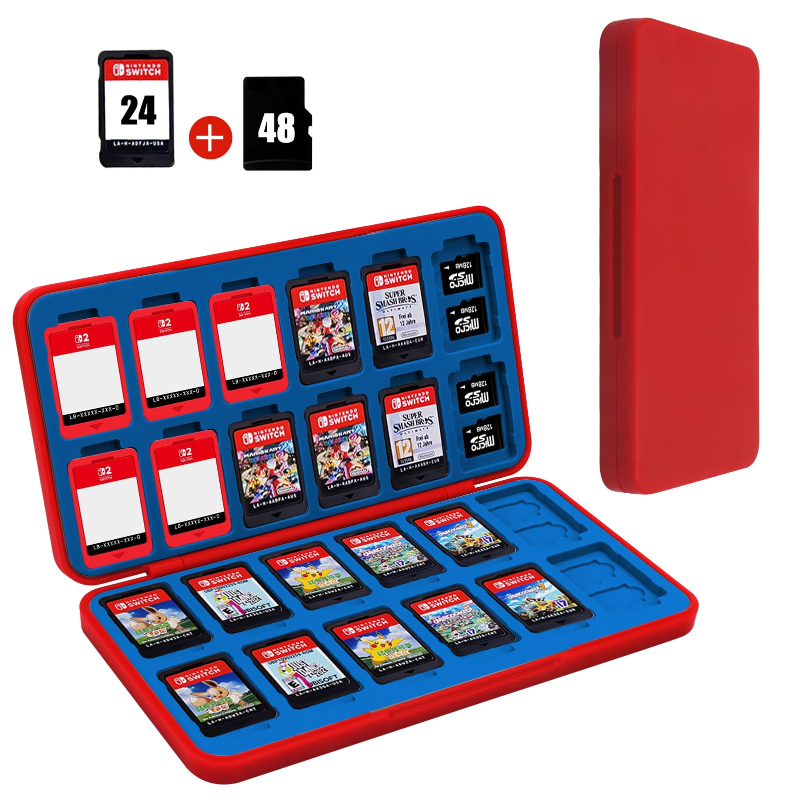 FYY Nintendo Switch Game Case Holder for Switch 2 refill unit Case with 24 Game Card sections & 48 Micro SD Card sections  Hard Shell  Silicone Lining Red Blue