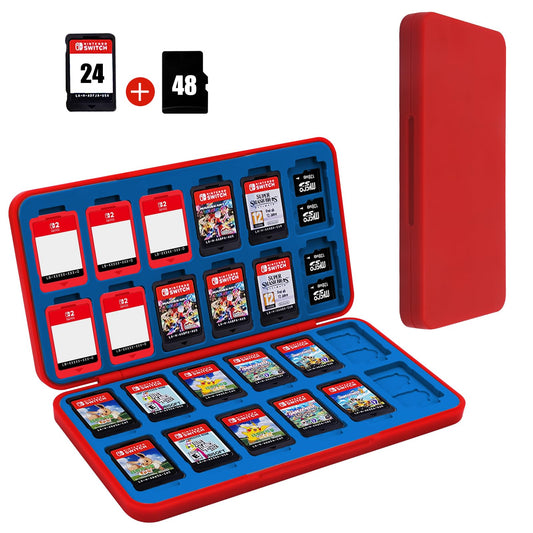 FYY Nintendo Switch Game Case Holder for Switch 2 refill unit Case with 24 Game Card sections & 48 Micro SD Card sections  Hard Shell  Silicone Lining Red Blue