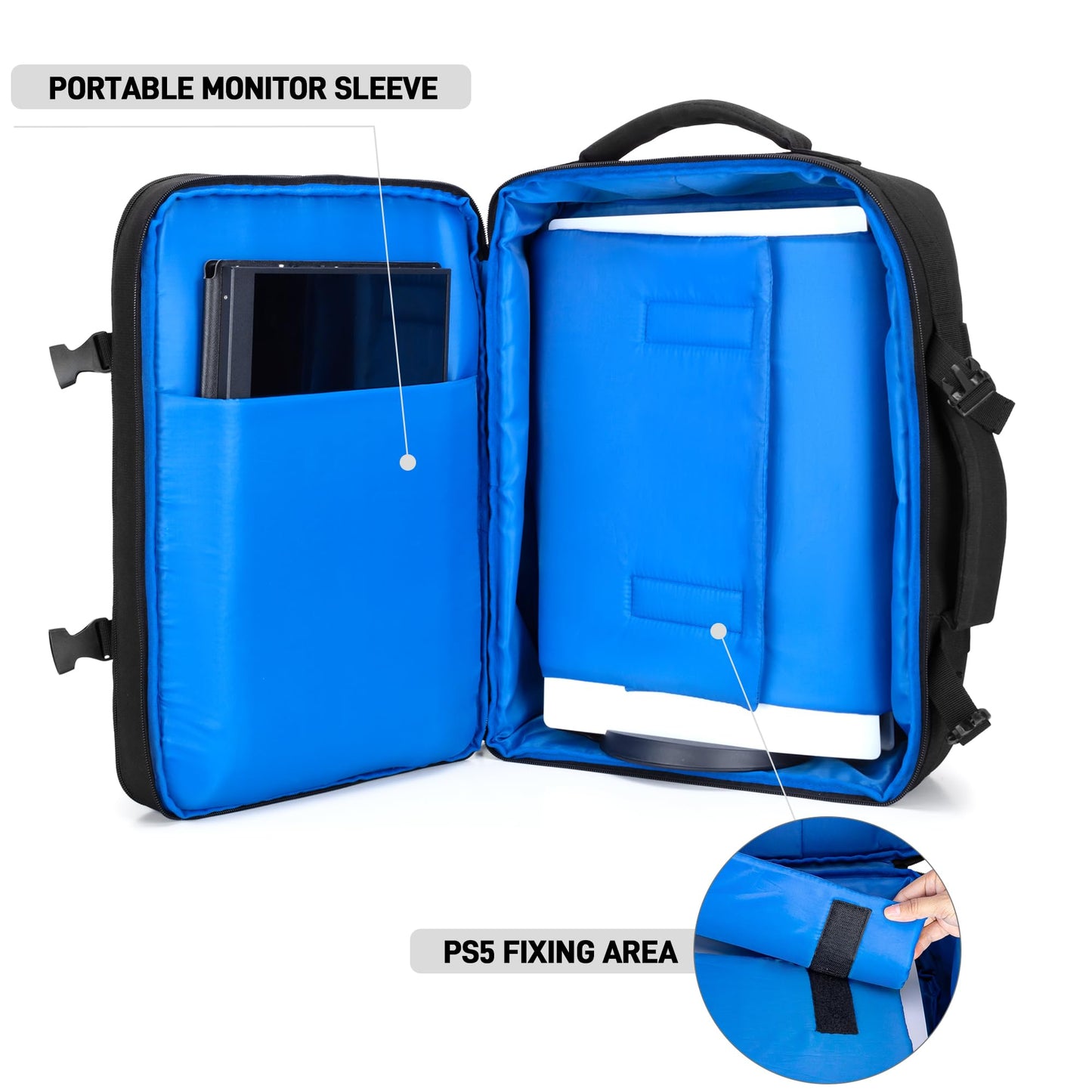 PGmoon Travel Backpack for PS5, Protective Case for Controllers & 15.6" Laptop, Medium to Large, Black, Model CAPG00701