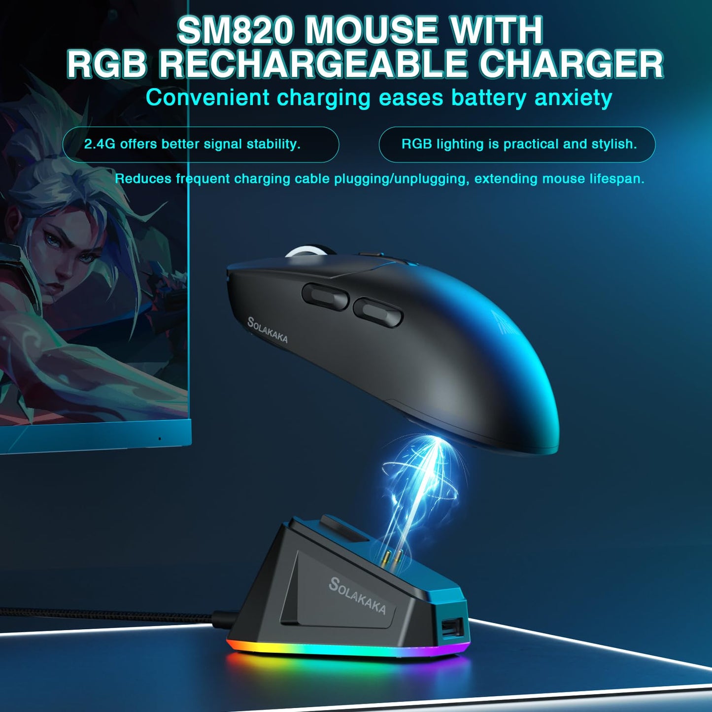 SOLAKAKA SM820 Wireless Gaming Mouse - 24000 DPI, RGB Charging Dock, 2 Side Buttons, Black