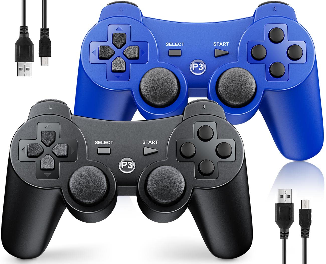 OKHAHA Controller 2 Pack for PS3 Wireless Controller for Sony Playstation 3  Double Shock 3  Bluetooth  Rechargeable  Motion Sensor  Remote for PS3 (No Stripes(Black + Blue))