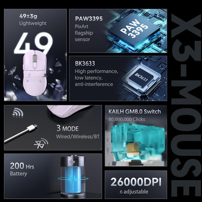 MANBASNAKE ATTACK SHARK X3 Wireless Gaming Mouse - 49g, 26K DPI, 200h Battery Life, Ergonomic Design, Lavender Color
