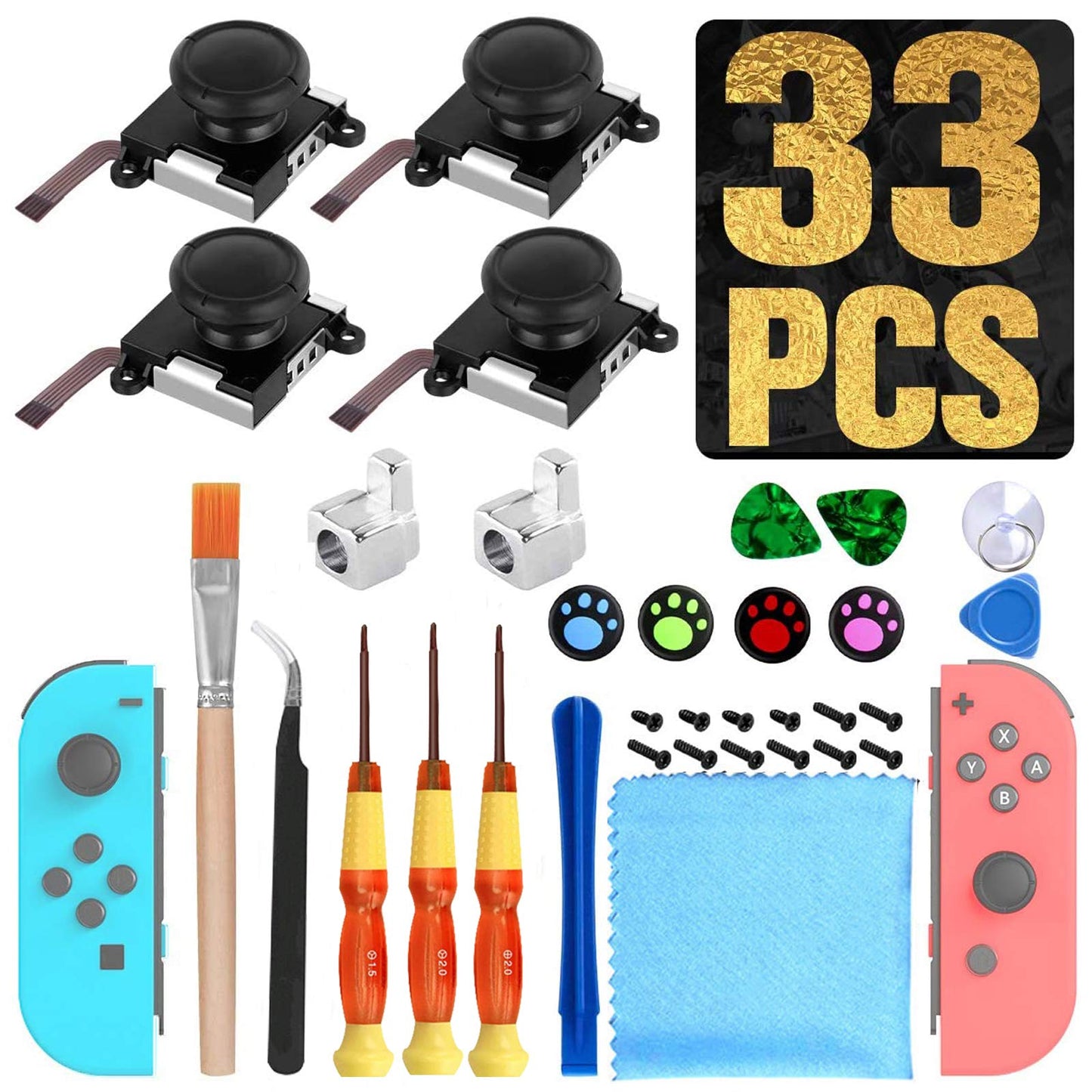 [New Version] 4 Pack Joycon Joystick Replacement 3D Joystick Analog Left/Right Thumb Sticks Sensor Caps for Nintendo Switch Joy Con Controller  Joycon Repair Kit  NS Repair Tool 33 PCS