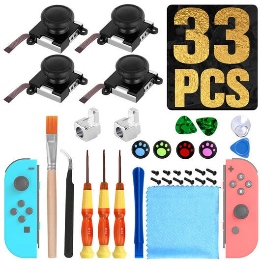 [New Version] 4 Pack Joycon Joystick Replacement 3D Joystick Analog Left/Right Thumb Sticks Sensor Caps for Nintendo Switch Joy Con Controller  Joycon Repair Kit  NS Repair Tool 33 PCS