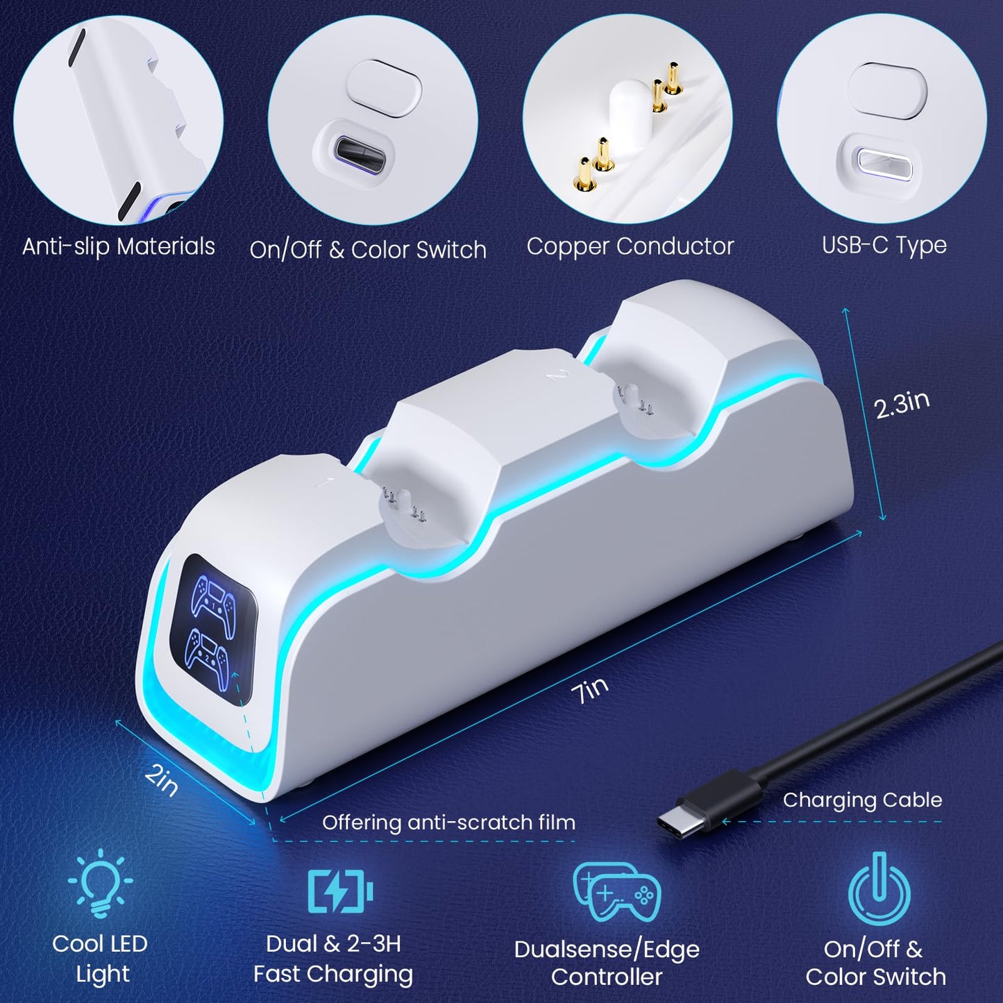 Cocubal PS5 Controller Charger Dock - DualSense Edge with 6 LED, RGB Mode, Overcharge Protection, Grey