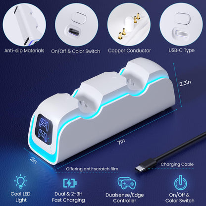 Cocubal PS5 Controller Charger Dock - DualSense Edge with 6 LED, RGB Mode, Overcharge Protection, Grey