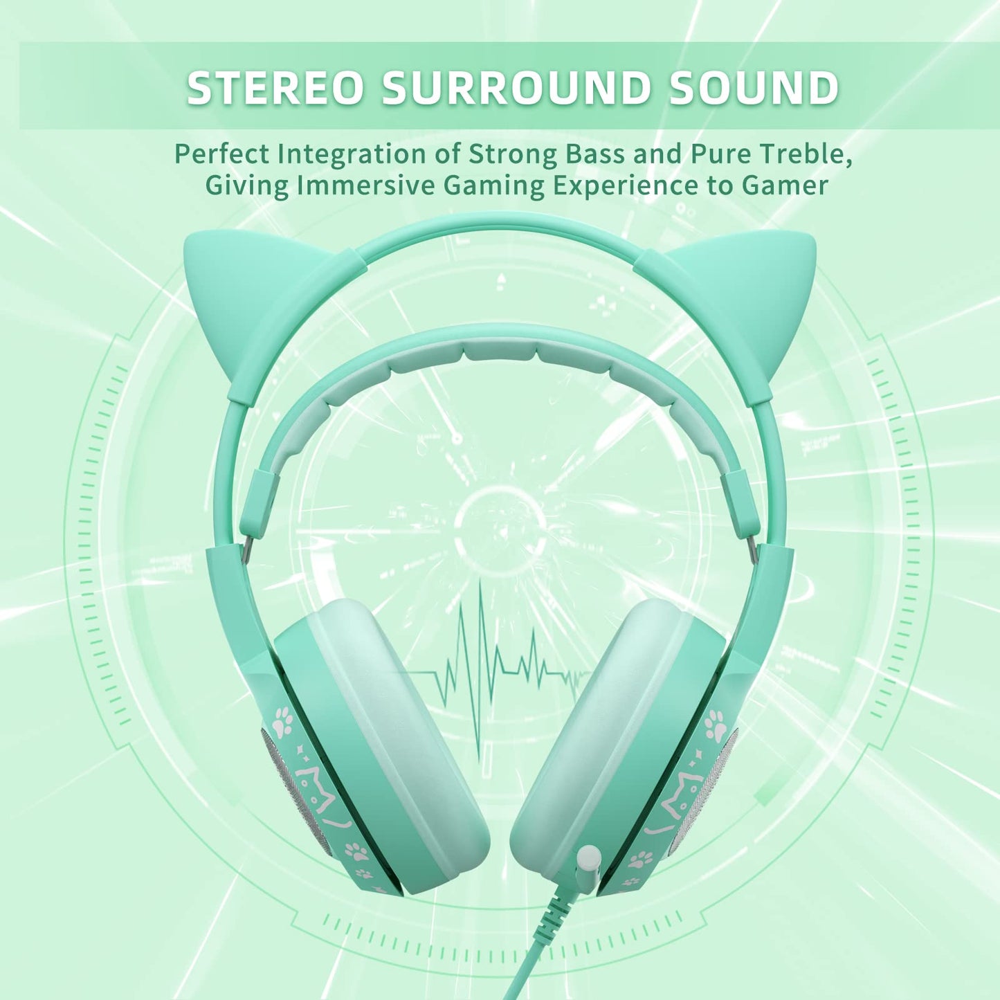 SOMIC G951S Green Gaming Headset - Cat Ear Over Ear Headphones with Microphone for PS4, PS5, Xbox One, PC, 3.5mm, Stereo Sound