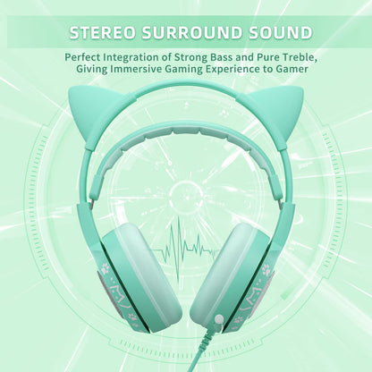 SOMIC G951S Green Gaming Headset - Cat Ear Over Ear Headphones with Microphone for PS4, PS5, Xbox One, PC, 3.5mm, Stereo Sound