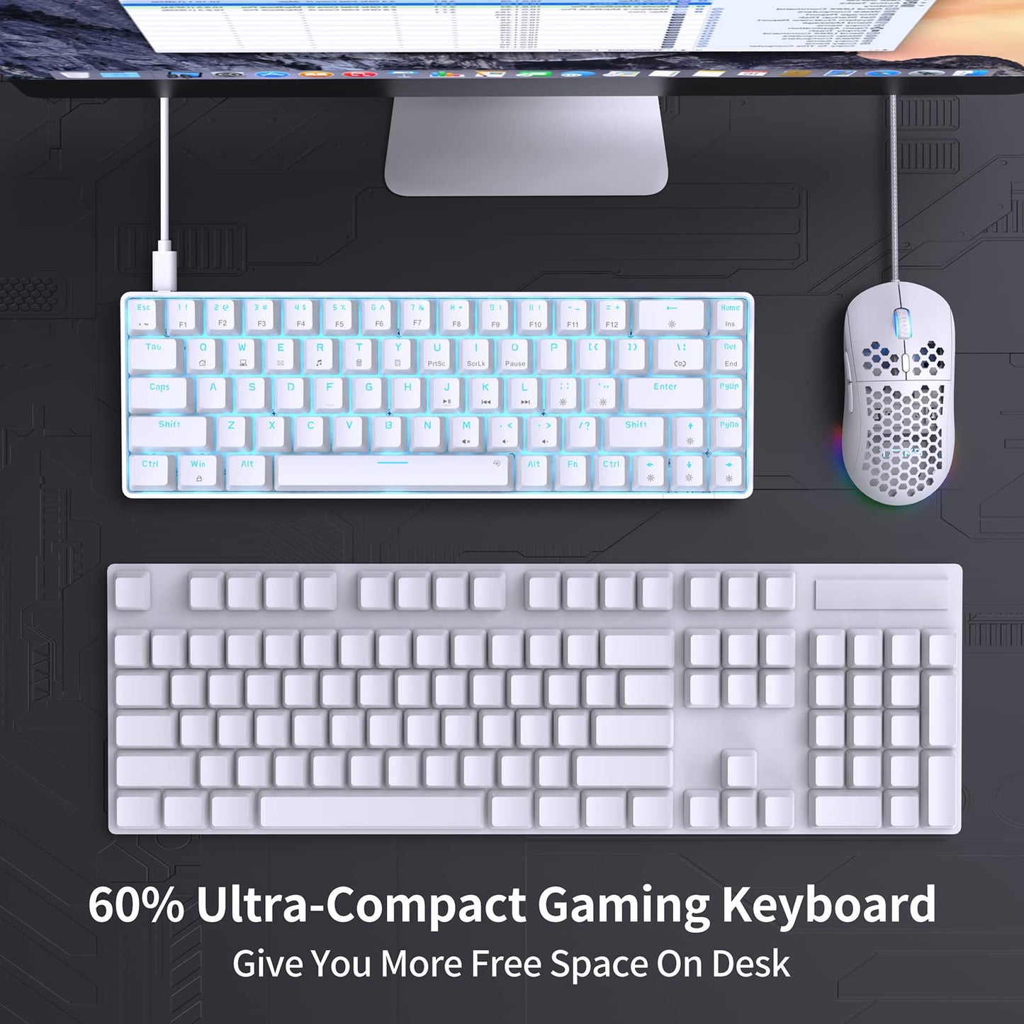 DIERYA T68SE 60% Gaming Mechanical Keyboard, Blue Switches, White, Compact Design for Windows Laptops and PC Gamers