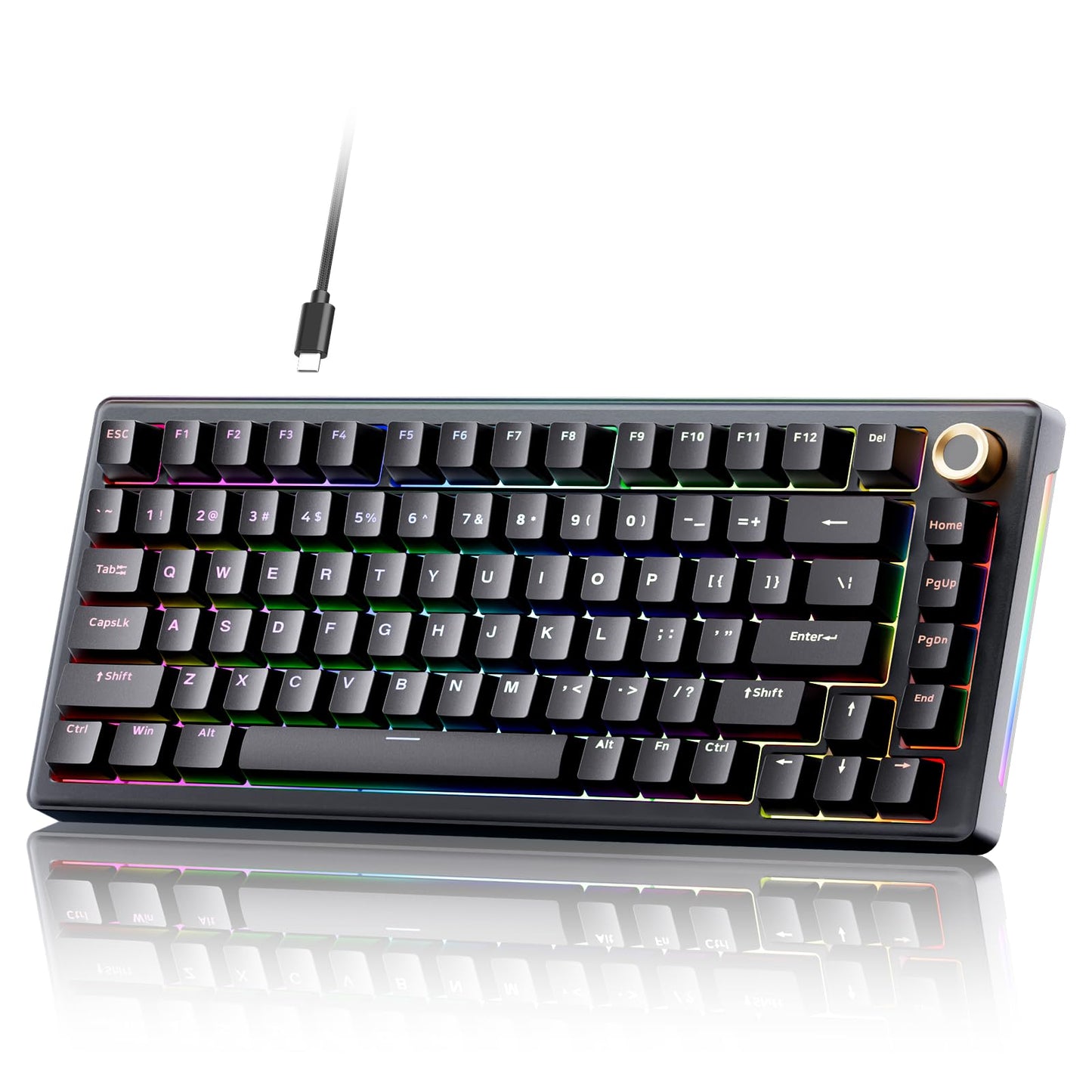 TMKB T81E Mechanical Gaming Keyboard  75% Gasket Mount Wired Keyboard with Knob & 5-Layer Sound Dampening  Hot-Swappable  RGB Backlit  82 Keys for Windows/Mac/Linux - Black