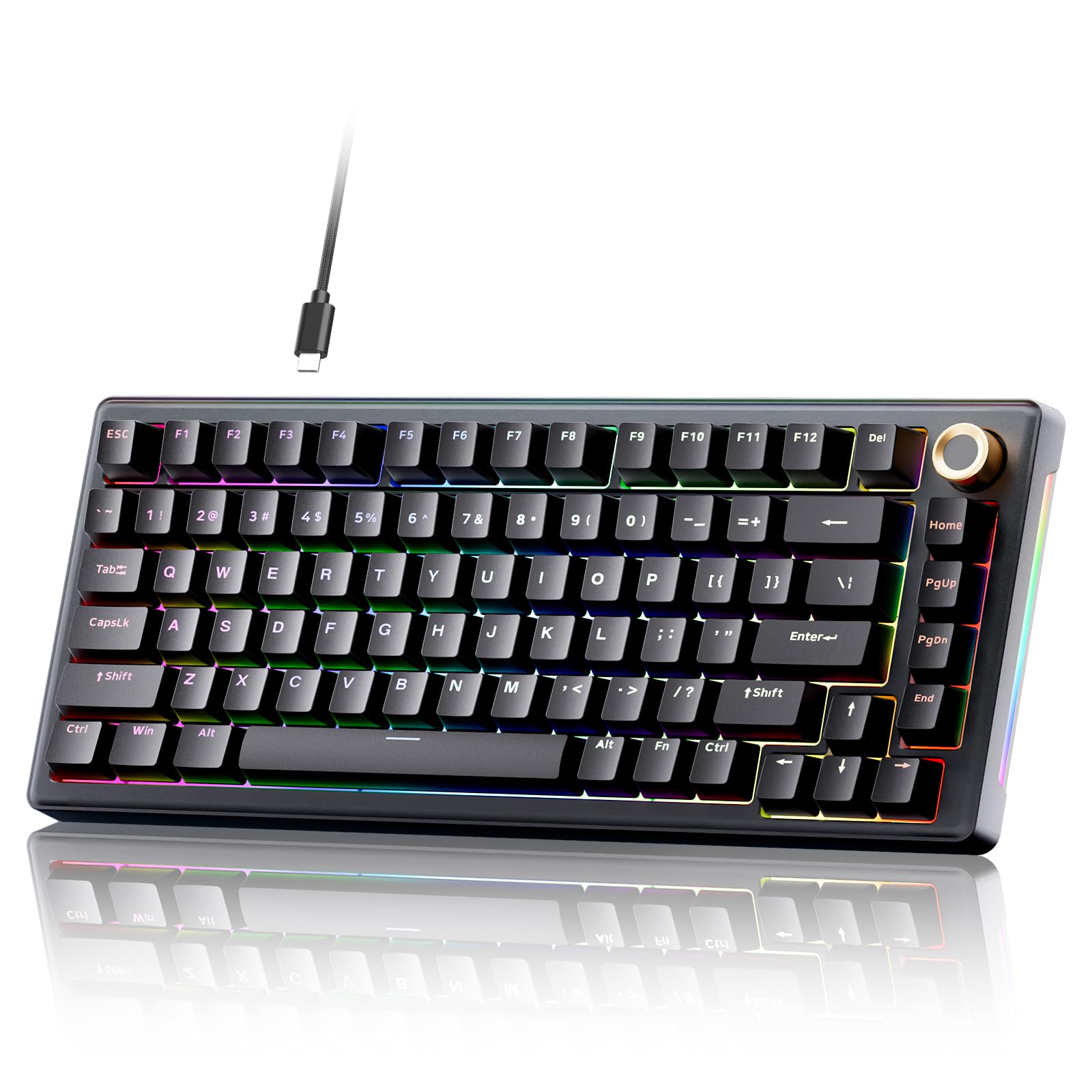 TMKB T81E Mechanical Gaming Keyboard  75% Gasket Mount Wired Keyboard with Knob & 5-Layer Sound Dampening  Hot-Swappable  RGB Backlit  82 Keys for Windows/Mac/Linux - Black