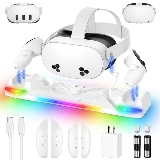 Kinwin 30W Fast Charging Dock for Meta Quest 3S/3/2 - Magnetic Charger Stand with RGB Light & 2 Batteries, White, Model MQ3-10