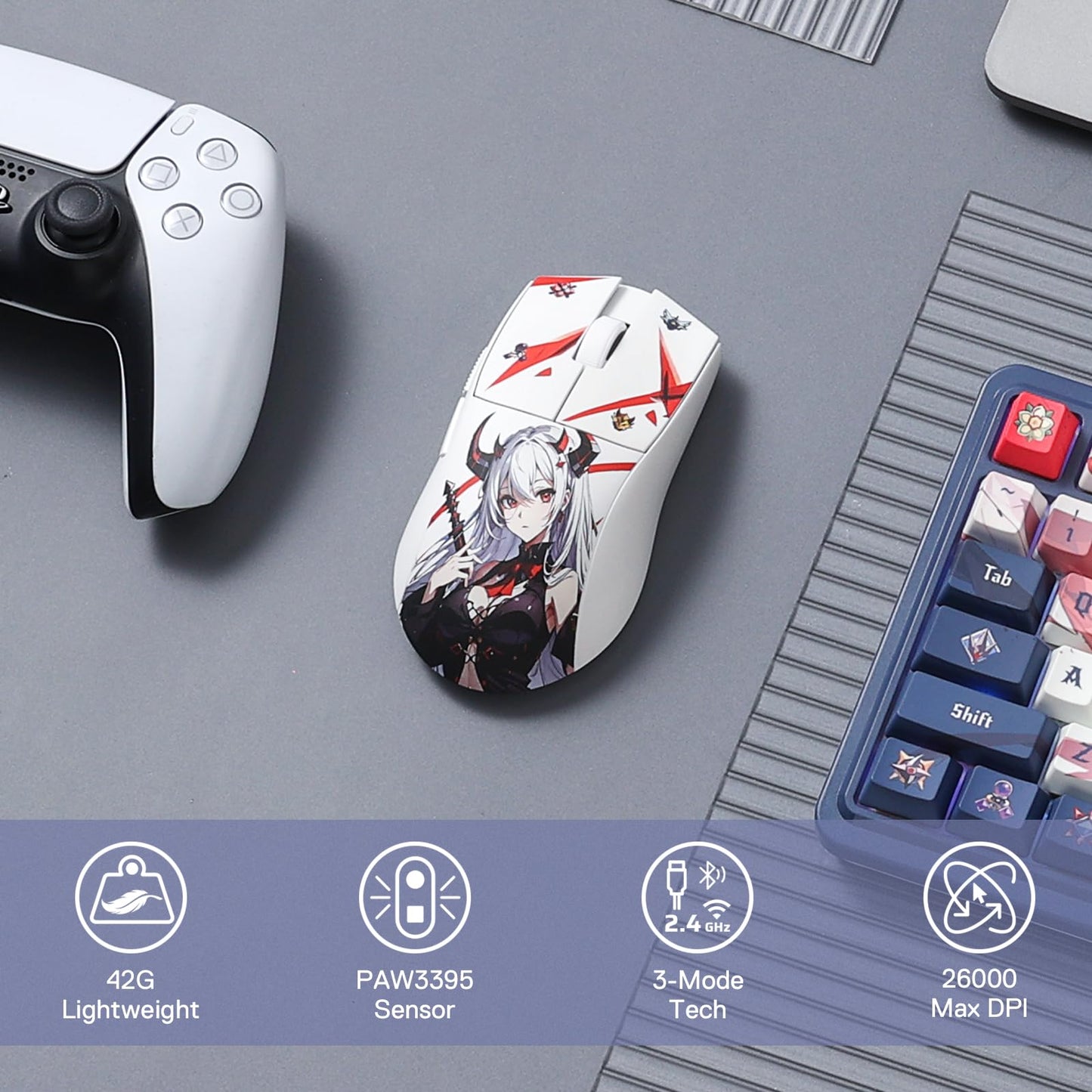 Redragon M916AK PRO Anime Gaming Mouse - 42G Ultra-Light, 26K DPI, Ergonomic Grip, Programmable Buttons, WT-SE Color