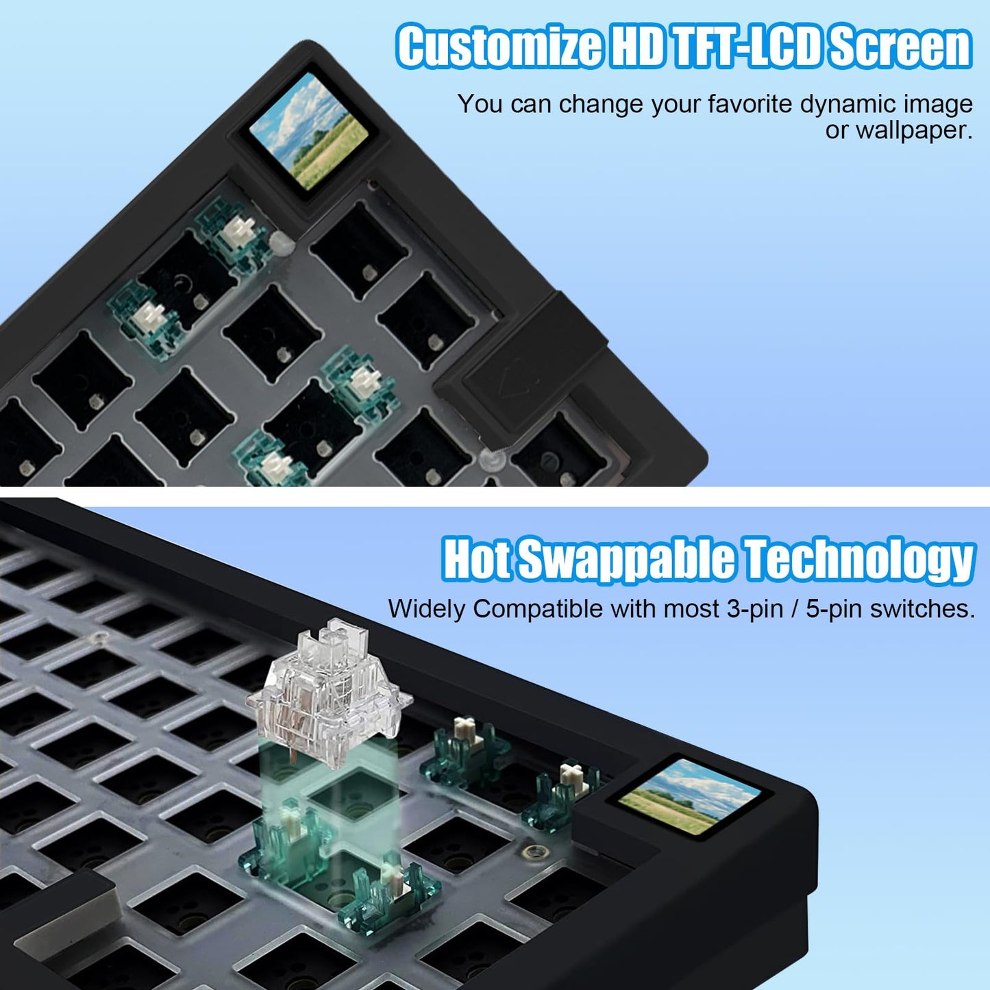 ZMX GMK67S 65% Gasket Mount Wireless Mechanical Keyboard - Hot Swap PCB, BT5.0/2.4G, Custom RGB, TFT-LCD Screen, Black