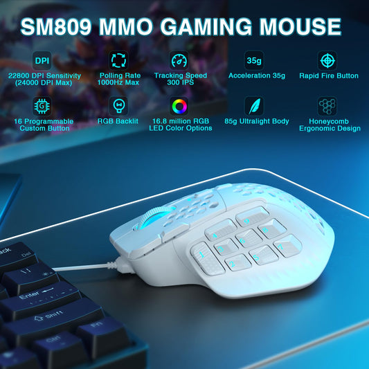 CORBOBO SM809 Wired RGB Gaming Mouse - 24000 DPI, 9 Side Buttons, Large Size, White Color
