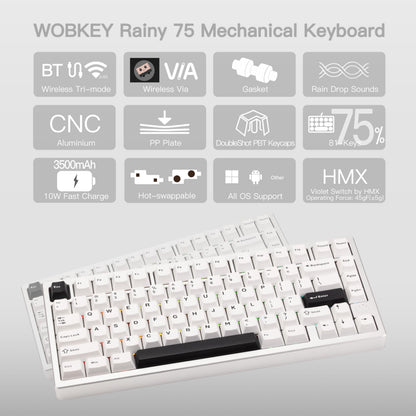 KEEBMONKEY WOBKEY 75% Mechanical Keyboard - Triple-Mode Connectivity, RGB, Violet Switch, Silver, Standard Model