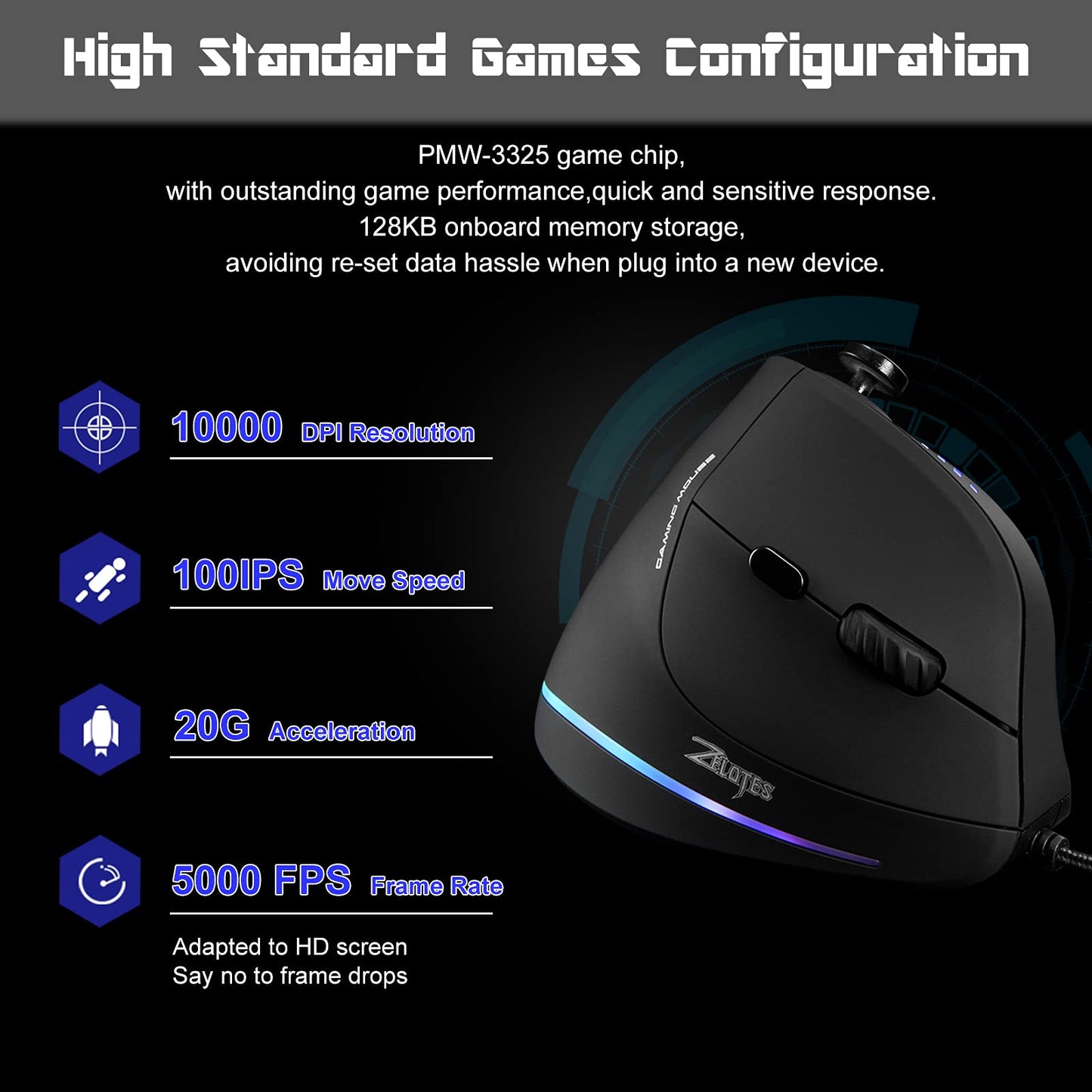 TRELC Gaming Mouse - Ergonomic Wired Mouse, 10000 DPI, 11 Programmable Buttons, Vertical Design for PC/Laptop/E-Sports, Black