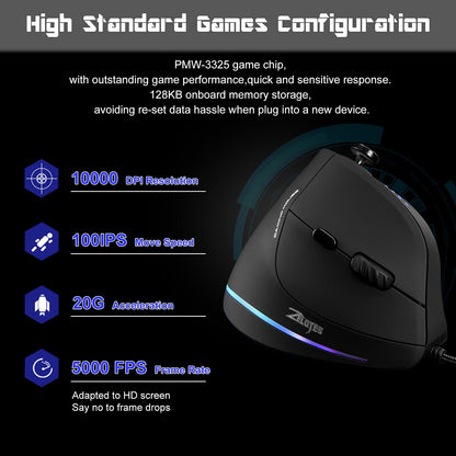 TRELC Gaming Mouse - Ergonomic Wired Mouse, 10000 DPI, 11 Programmable Buttons, Vertical Design for PC/Laptop/E-Sports, Black