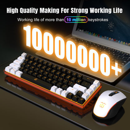 Snpurdiri 60% Wireless Gaming Keyboard & Mouse Combo, Orange Backlit, Rechargeable 2000mAh Battery, Black-White Color