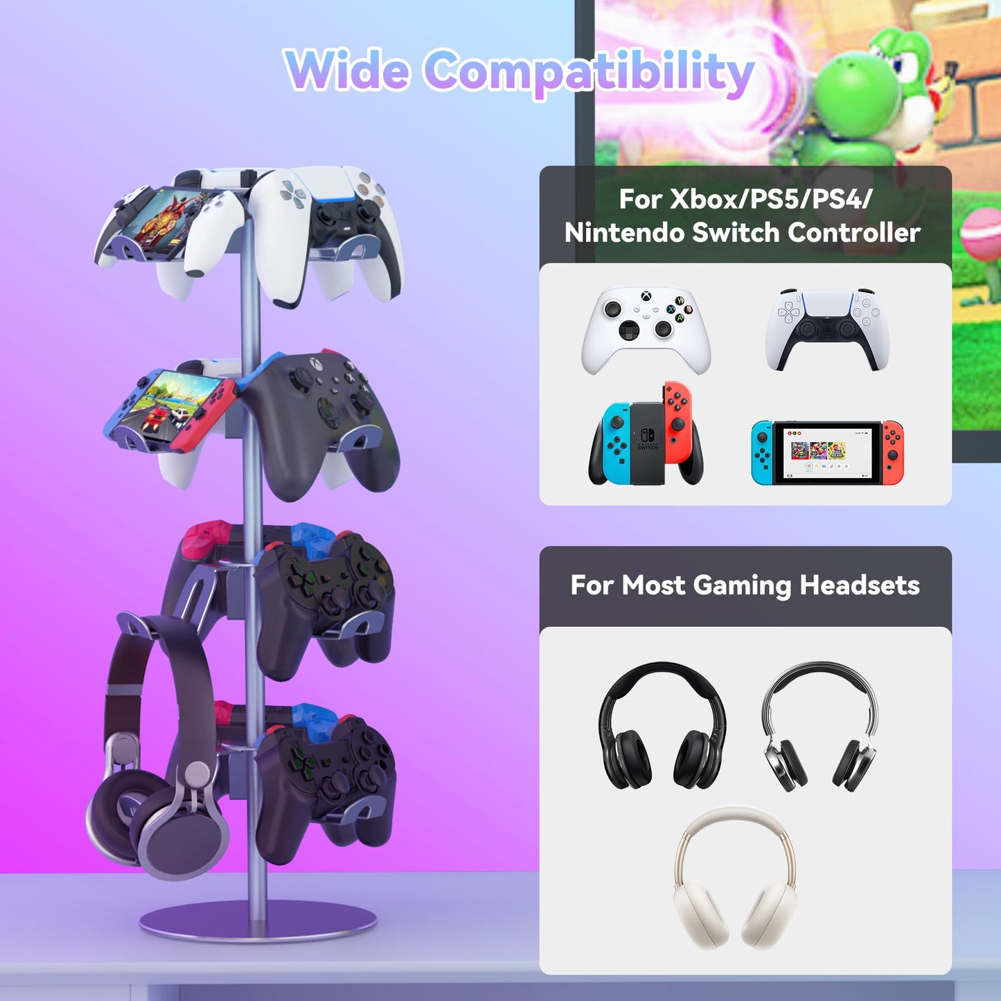 DGPCT 4-Tier Rotatable Game Controller Stand for PS5, Xbox, Nintendo Switch - Grey Aluminum Alloy Headset Holder Organizer